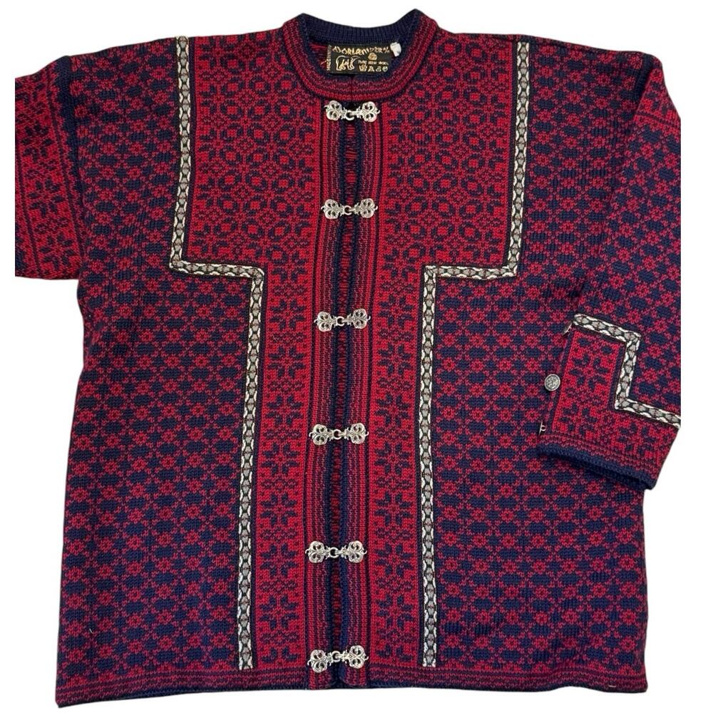 VTG Norleander Norwegian Pure New Wool Sweater M Red Navy Nordic Knit fair isle